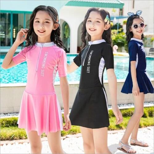 Children Swimsuit 2021 New Solid One Piece Swimwear Short Sleeve Sun Block Quick-dry Little Middle Girls Swimming Suit Skirted