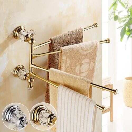 European Gold Crystal Rotating Towel Rack Bathroom Movable Towel Bar Swivel Towel Rail Multi-rod Activity Towel Holder Polished