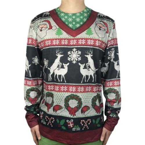 Frisky Reindeer Ugly Christmas T Shirt for Men Tacky Mens 3D Fake Two Piece Santa Print Long Sleeve Ugly Xmas Party T-shirt