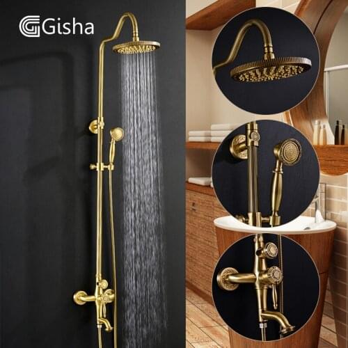 Gisha Antique Brass Bathroom Rainfall Shower Faucet Set Single Handle Mixer Tap With Hand Sprayer Wall Mounted Bath Shower Sets