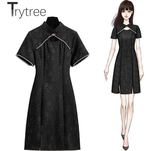 Trytree Summer Womens Mini Dress Casual Rose Pearls Hollow Out Mandarin Collar Lace Zipper Ruffled Hem Mermaid Cheongsam Dress