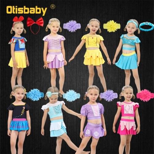 Summer 2021 Fancy Sofia Aurora Cinderella Swimming Top + Trunks for Girls One-Piece Swimsuit Elsa Bathing Suit Children Swimwear
