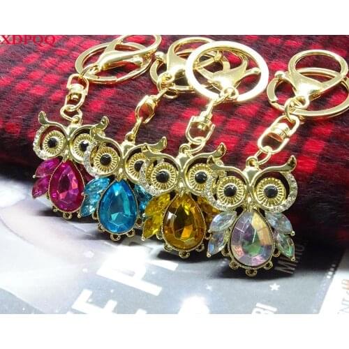 Cute ladies dress pendant creative alloy owl set rhinestone keychain blue stone car pendant jewelry can DIY