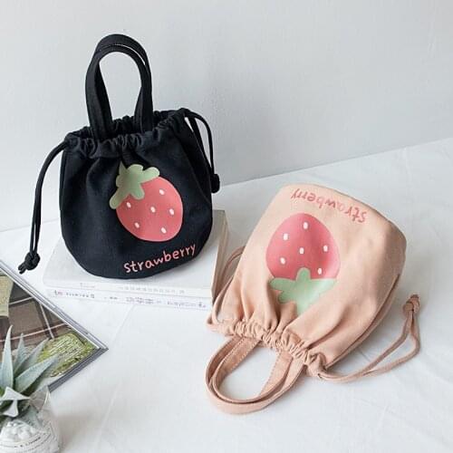 Mini Canvas Cartoon Strawberry Drawstring Bag Female Handbag Bucket Bag Lunch Box Small Cloth Bag Women Tote Food Bags