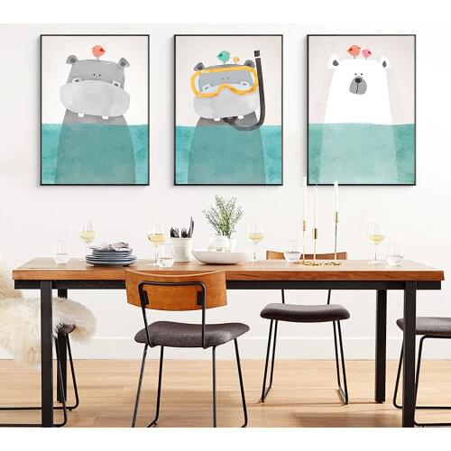Cartoon Poster Bear Hippo and Bird Swimming Art Canvas Painting Nordic Posters and Prints Wall Pictures for Living Home Decor