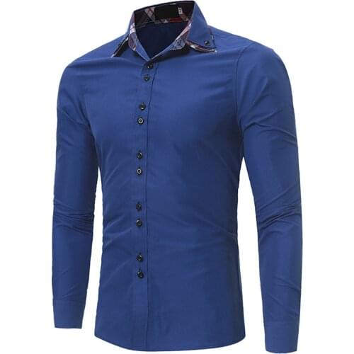 Mens Shirt Long Sleeve Solid Color Double Collar Cardigan Shirt with Plaid Patchwork Collar/Cuff Casual Slim Type Tops