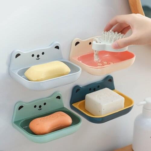 PP Thick Material Cartoon Free Punch Wall Hanging Toilet Soap Box Bathroom Double Drain Soap Box Laundry Soap Box Storage Shelf