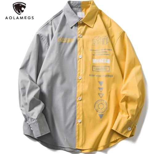 Aolamegs Mens Shirts Letter Print Patchwork Color Shirt For Men Harajuku Long Sleeve Vintage Clothes All-match Loose Streetwear