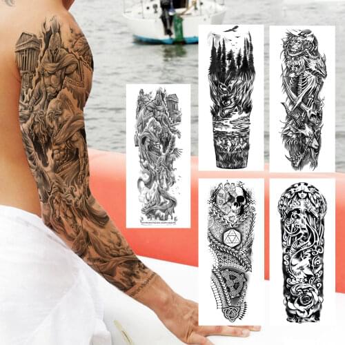 Roman Warrior Temporary Tattoo Sleeve For Men Women Forest Skull Nun Cross Fake Tattoo Sticker Oversized Full Arm Washable Tatoo