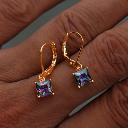 Small Square Stone Hoop Earrings Female Luxury Rainbow Crystal Zircon Earrings Rose Gold Silver Color Wedding Earrings For Women
