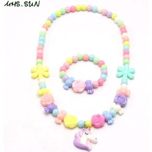 MHS.SUN Baby Colors Fower Beads Necklace Bracelet Elastic Jewelry Unicorn Pendant Necklace Set For Kid Children Party Gift 1Set