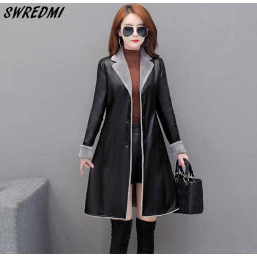 SWREDMI Winter Warm Leather Coat Fashion High Street Leather Jackets Female Plus Size S-4XL Thickening Warm Leather Clothing