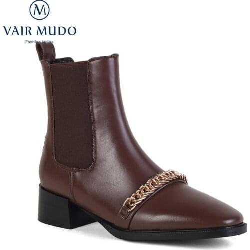 VAIR MUDO Women Ankle Boots Shoes Low Heels Black Brown Genuine Leather Square Toe Concise Shoes Women Fashion Boots WM-X191-C