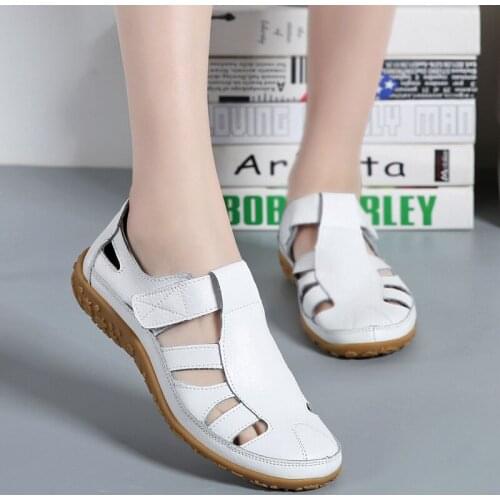 Tilocow Summer Casual Shoes Woman Genuine Leather Flat Ladies Shoes Hook & Loop Solid Sneakers Women Flats Shoes Plus Size 35-43