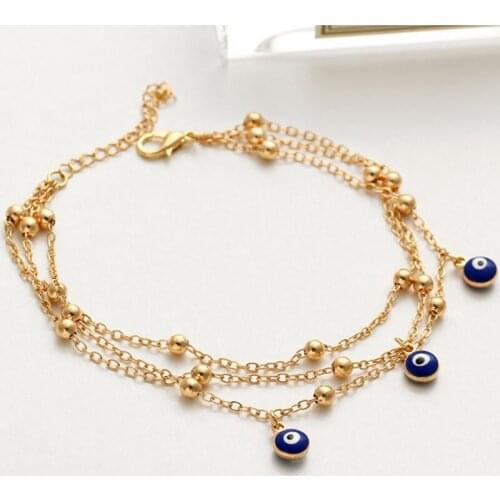 Anklets For Women Gold Silver Color Ankle Bracelet Multilayer Chain Leg Blue Eyes Beads Tassel Charms Jewelry Foot Accessories