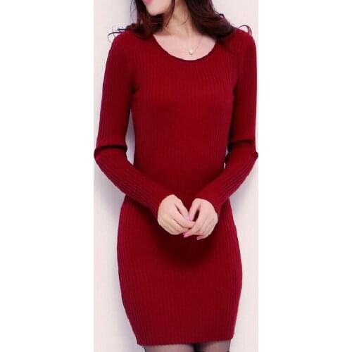 Thicken Warm Long Sweater Dress Women Long Sleeve O-Neck Knitted Pullovers Autumn High Elastic Jumper Basic Winter Sweaters