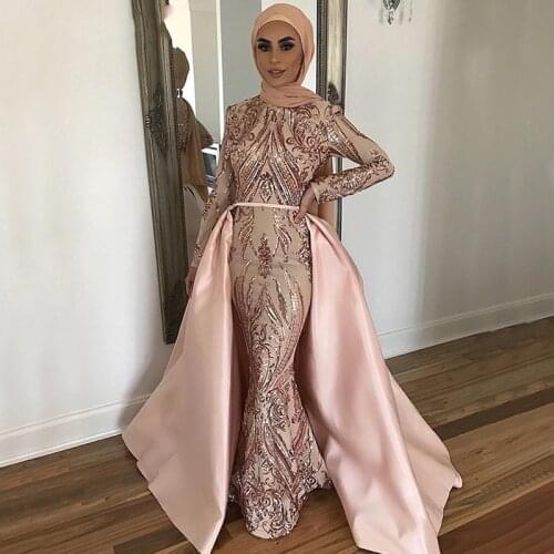Elegant Rose Pink Mermaid Muslim Hijab Lace Evening Dresses With Detachable Train Long Sleeve Women Dress Formal Prom Party Wear