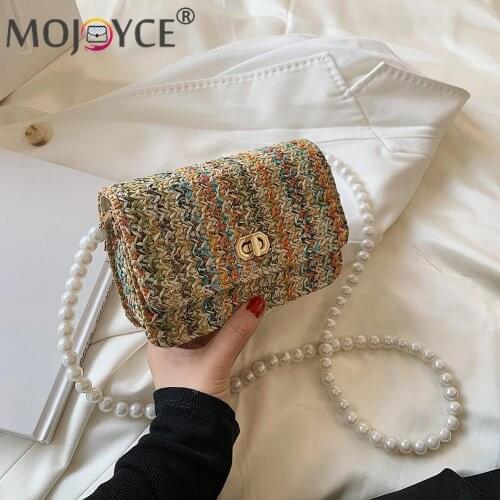 2021 Beach Shoulder Bow Bags Woven Handbag Women Straw Woven Messenger Bag Fashion Pearl Chain Mini Flap Handbags