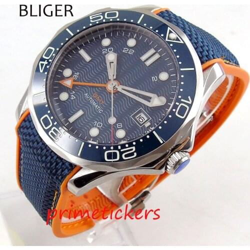 Automatic mens watch 41mm with GMT luminous blue dial date window rubber strap blue beramic bezel