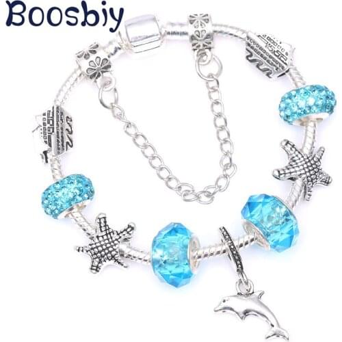 Boosbiy European Style Blue Crystal Beads Charm Bracelet With Cute Dolphin Pendant Fit Brand Bracelet For Women Jewelry