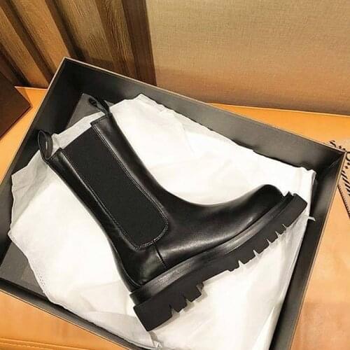 Mid Calf Boots Leather Boots for Women Platform Chelsea Boot Spring Cowhide Booties Fashion Female Thick Bottom Black Bootie