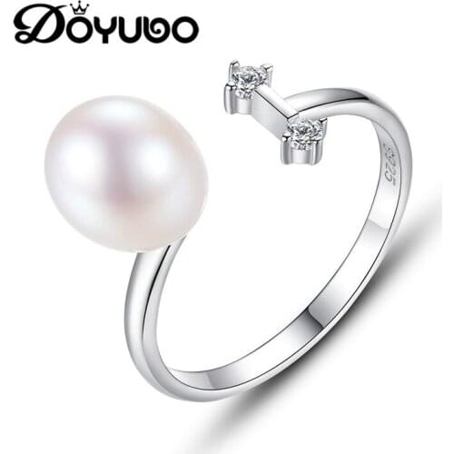 DOYUBO Sterling Silver Freshwater Pearl Ring 7MM Water Drop Pearl Wedding Rings Jewelry Women Fashion Pearl Rings Jewelry VB328