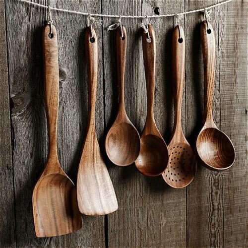 Thailand Teak Natural Wood Tableware Spoon Ladle Turner Long Rice Colander Soup Skimmer Cooking Spoons Scoop Kitchen Tool Set