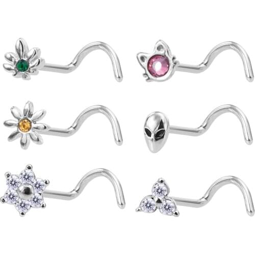 1PC 20g Surgical Steel Nose Stud Ring Nose Piercing for Women Cat Alien Flower Leaf CZ Inlaid Nose Screw Rings Body Jewelry Gift