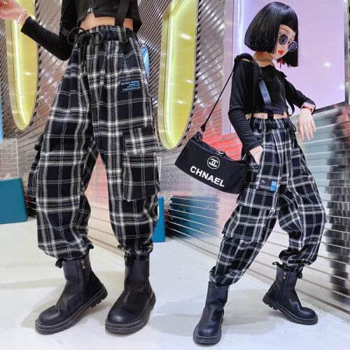 Girls' Plaid overalls hip hop suit fashionable net red spring and autumn dress two piece open shoulder zipper hip hop set