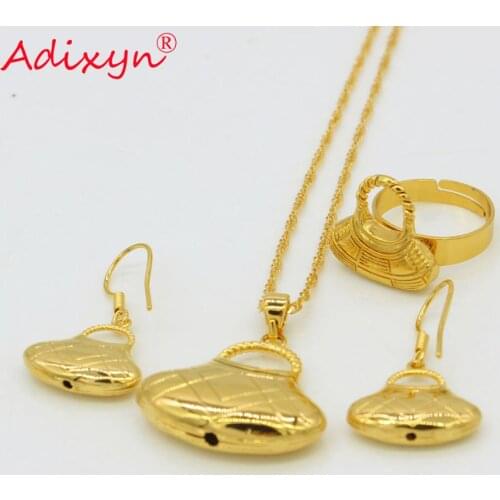Adixyn Bag Shape PNG Necklaces Pendant Earrings Ring set Papua New Guinea Gold Color Jewelry sets N09054