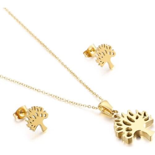 Korean fashion simple tree of life small tree hollow necklace earrings set stainless steel