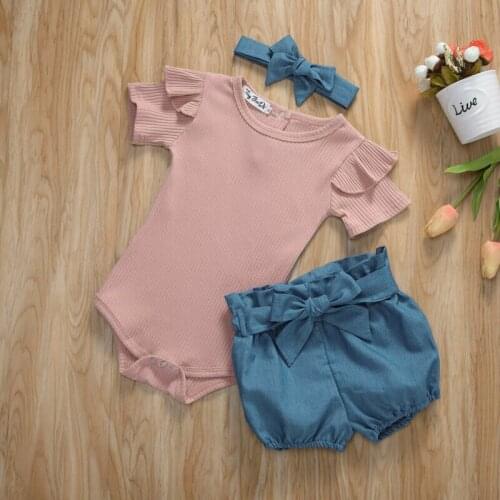 Infant Baby Girls Summer Clothes Short Sleeve Tops Romper + Knotbow Shorts + Headband Casual Kids Solid Suit
