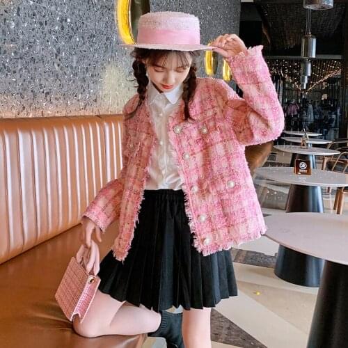 Fashion Girls' Clothing Girls Pink Blue Long-sleeved Short Coat Girls Trendy Plaid Button Cardigan Jacket Girls V-neck Top New