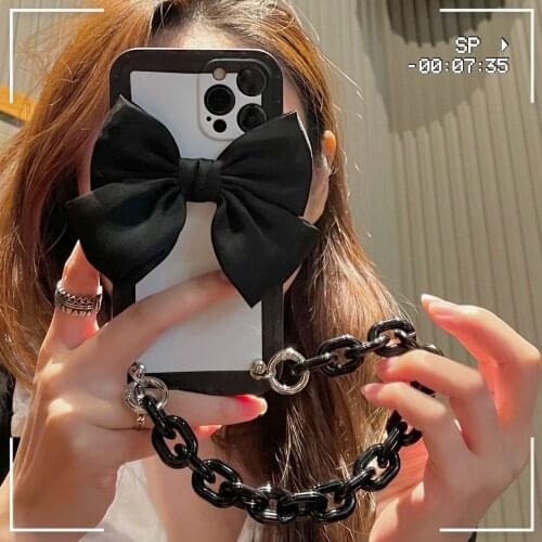 Fashion Black Bow Chain Bracelet Phone Case for iPhone 12 Pro Max 7 8 plus X XR XSMax Cover Soft Strap Cases For iphone 11 Coque