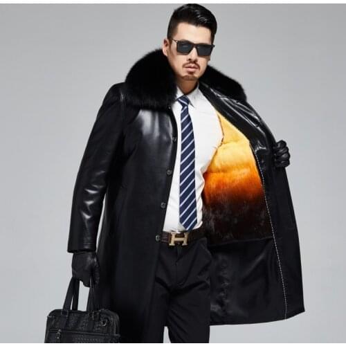 Middle aged and old leather mens Fox Fur Collar long knick detachable fur coat