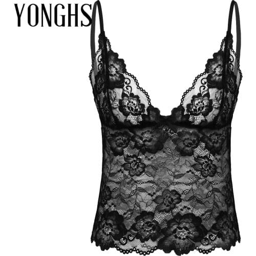 Mens Lingerie Sissy Camisole Vest Top Adjustable Spaghetti Shoulder Straps Sexy See Through Sheer Lace Vest Deep V Neck Crop Top