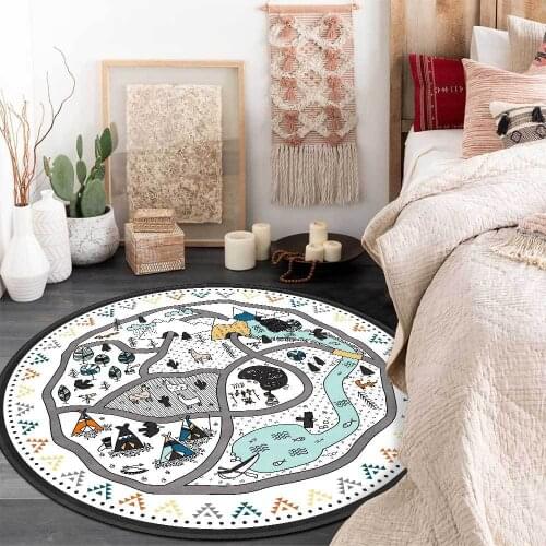 Nordic Cartoon Carpet Cute Forest Trail Black And White Green Black Rug Childrens Room Round Floor Mat