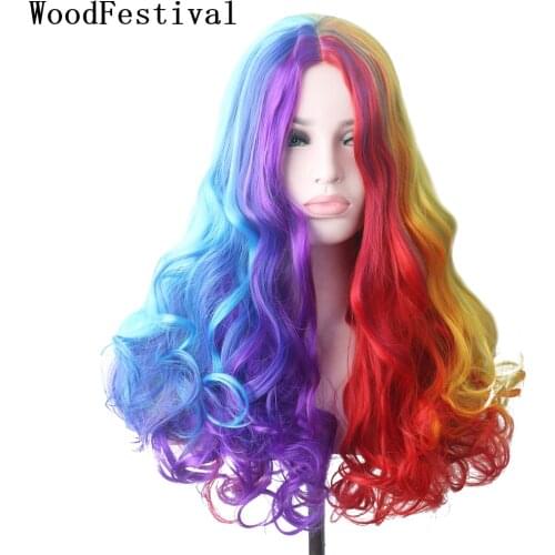 WoodFestival Wavy Rainbow Synthetic Wig Long Hair Colored Cosplay Wigs For Women Female Green Pink Red Blue Purple Brown Blonde