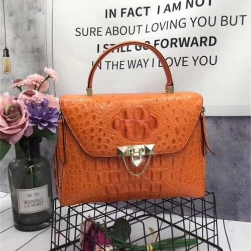 CHIC Designer Genuine Crocodile Skin Woman Orange Purse Authentic Alligator Leather Lady Handbag Female Crossbody Shoulder Bag