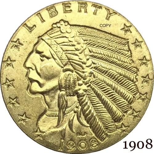 United States Of America 1908 2½ Dollars Indian Head Quarter Eagle USA Liberty 2.5 USD God We Trust Gold Copy Coin Brass Metal