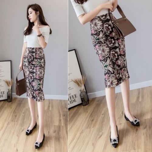 European and American Style Spring and Summer 2020 New Printing Bag Hip Skirt Slit One-Step Skirt Commuter office skirt