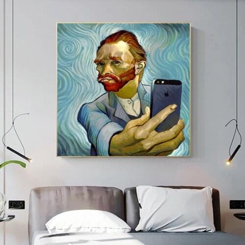CMHOME Spoofing Van Gogh Holding the Phone Vintage Posters Prints Wall Art Canvas Painting Modern Bedroom Decor Pictures Art