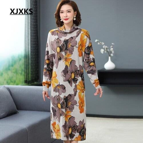 XJXKS 2020 Winter New Fashion Print Women Knitted Dress Loose Plus Size Comfortable 100% Wool Long Sweater Women Pullover