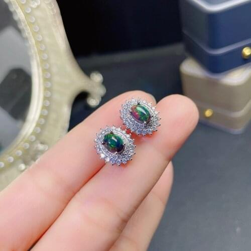 Fashion Round Crown Natural Black Opal Ear Nails S925 Silver Natural Gemstone Stud Earrings Women Girl Party Gift Jewelry