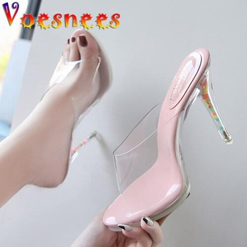 Voesnees Summer Woman Shoes 2021 New Outside Transparent Slippers Platform Super High Heels Stiletto Noctilucent Ladies Slides