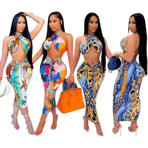 Sexy Bra Tie Dye Skirt Sets Halter Backless Crop Top and Tight Drawstring Long Skirts Women Summer Two Pieces Outfits for 2021