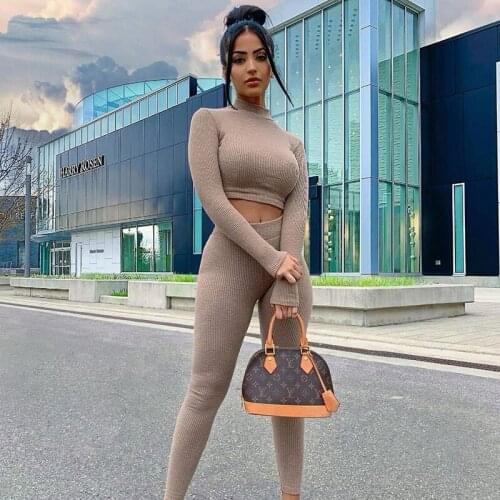 2021 Winter Women Sport Fitness Two Piece Set Outfits Long Sleeve Crop Tops Tshirt Leggings Pants Solid Set Knitted Tracksuit