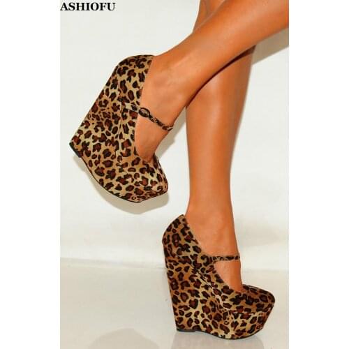 ASHIOFU Handmade New Ladies Wadge Heel Pumps Mary Janes Sexy Night-club Party Dress Shoes Leopard Evening Dating Fashion Shoes
