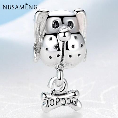 Free Shipping silver Plated Animal Bead Charm Cute Dog With TOP DOG Pendant Beads Fit Bracelet & Bangle DIY Jewelry H381