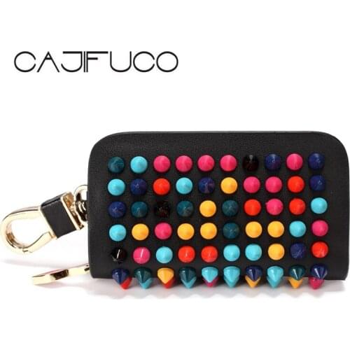 CAJIFUCO Multicolor Rivet Key Holder Fashion Car Key Wallet Women Studded Coin Purese Genuine Leather Housekeeper KeyChain
